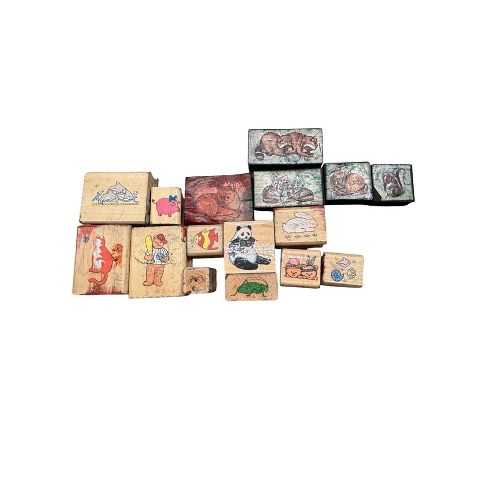 Wood Mounted Rubber Stamps Lot of 15 Animals Panda Cat Bunny Bear Retro Vintage